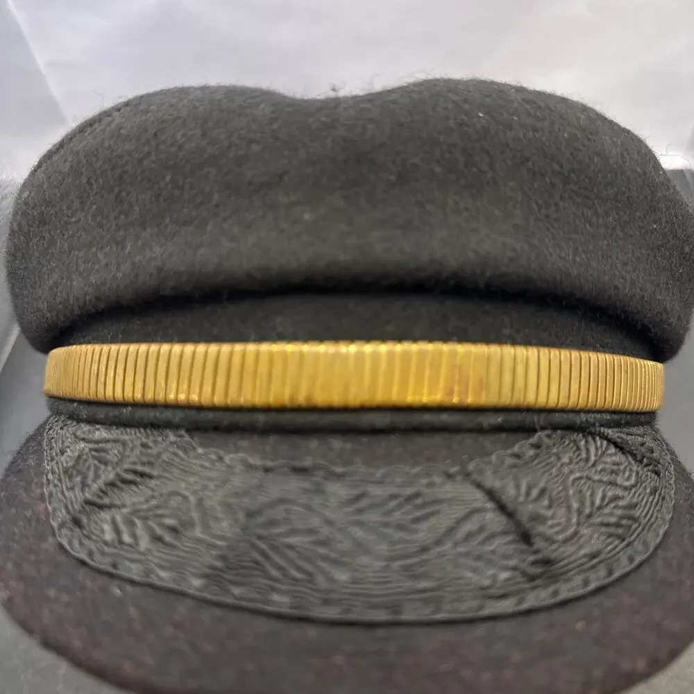 Vintage Greek Fisherman Cap Black Wool Gold Band Made in Greece Nautical Hat